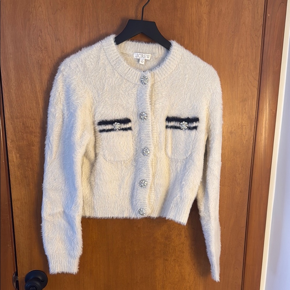 J. Crew Cream Cardigan with Long Sleeves and Fuzzy Texture